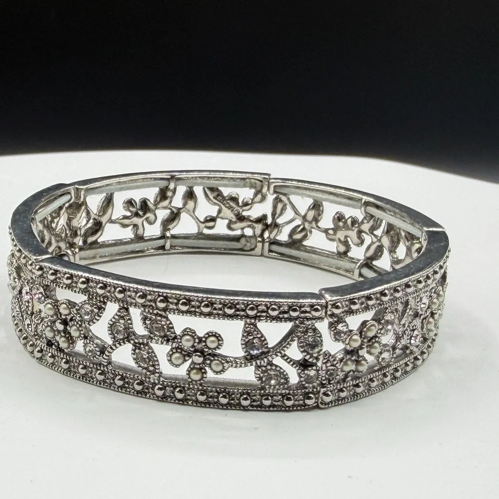 Silver Tone Floral Rhinestone Faux Pearl Filigree Wide Stretch Cuff Bracelet